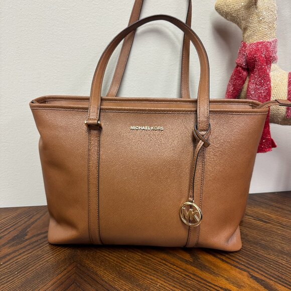 Michael Kors Leather Signature Tote Bag SADDLE BROWN color used ONE TIME -- EUC - Picture 1 of 13